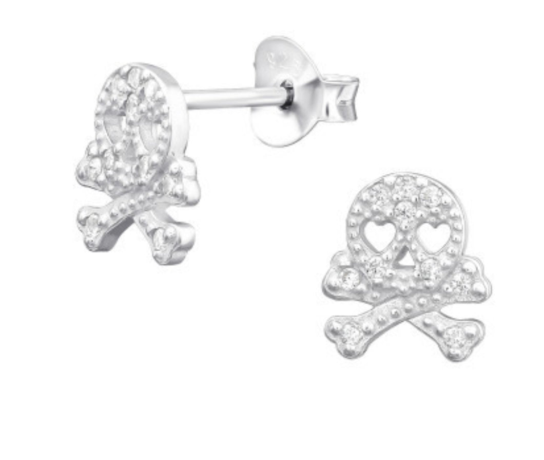 Skull and Cross Bones Stud Earrings Sterling Silver