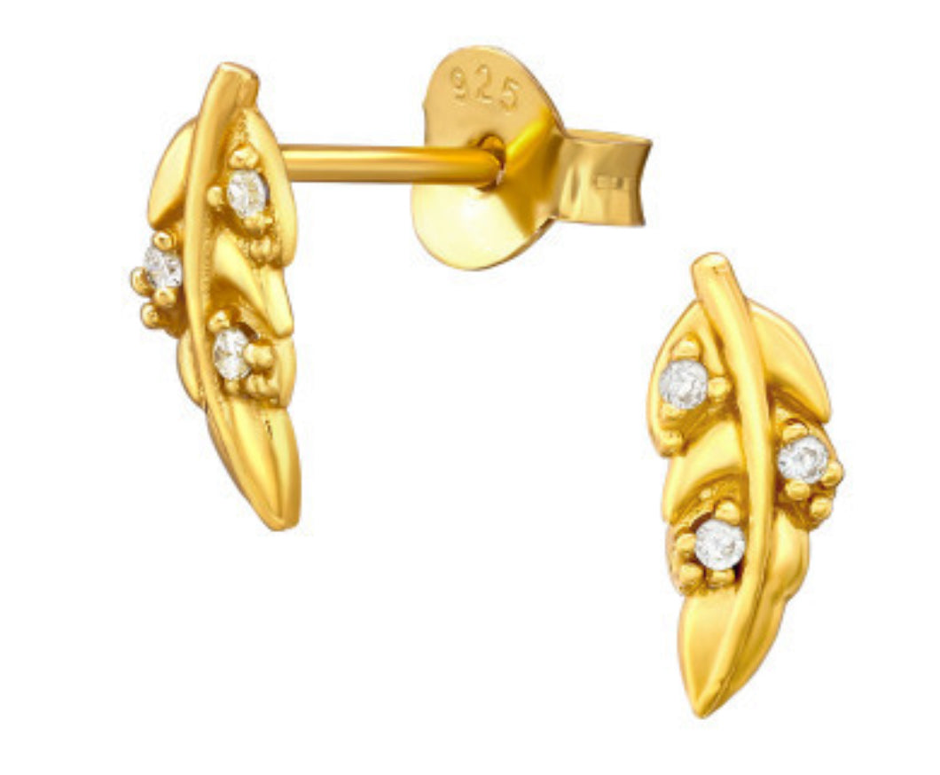 Leaf Cubic Zirconia Stud Earrings - Gold Plated Sterling Silver
