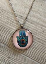 Load image into Gallery viewer, Hamsa Pendant Blue/Orange
